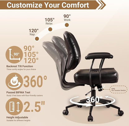 Ergonomic Home Office Chair, Mid-Century Faux Leather Home Office Desk Chairs with Wheels, Office Computer Chair with Rocking Swivel (Black,PU Leather)