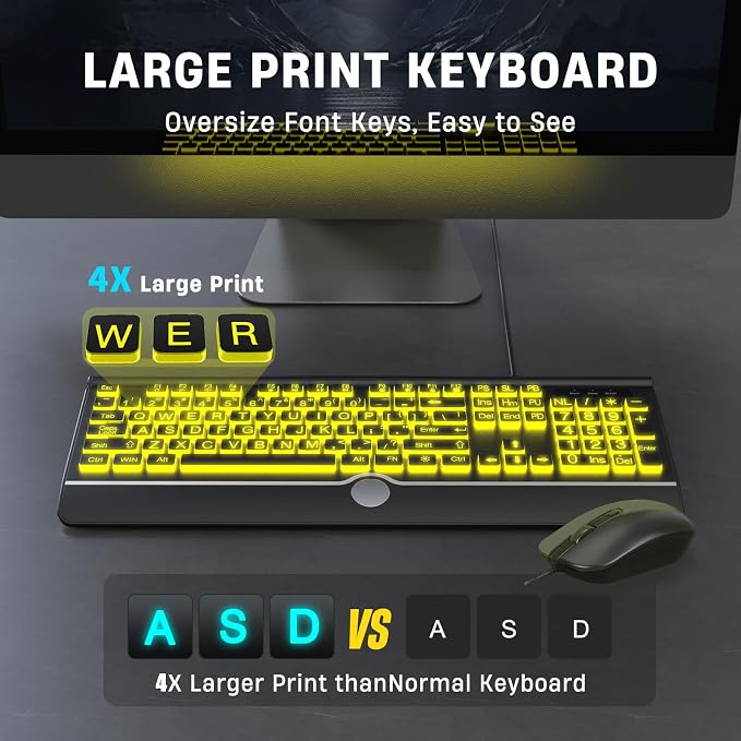 Wired Keyboard and Mouse Combo - Large Print Light Up Keyboard, USB Silent Wired Backlit Keyboard and Optical Mouse for Windows, PC, Laptop - Easy to See, USB Play and Plug