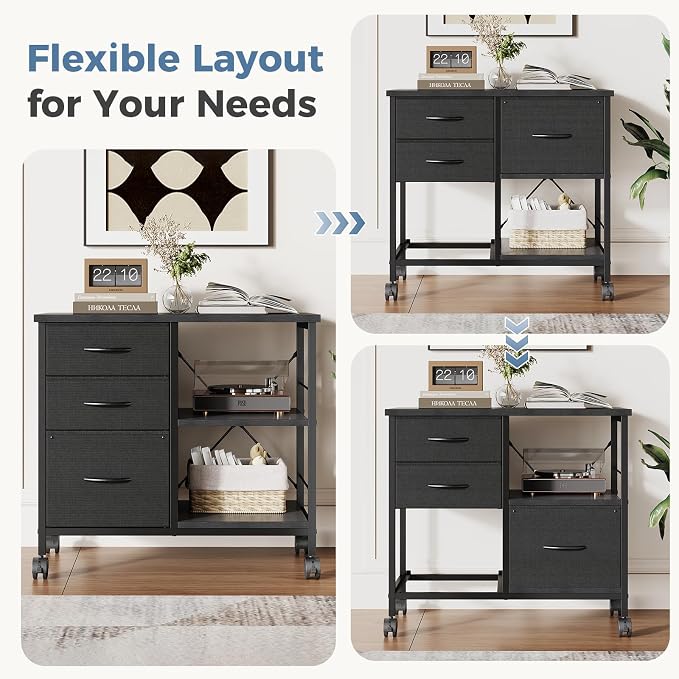 DUMOS 3 Drawer Mobile File Cabinet, Freestanding Fabric Lateral Filing Cabinet Fits A4/Letter Size, Space Saving Rolling Printer Stand with X-Frame and Open Storage Shelf for Home Office, Modern Black