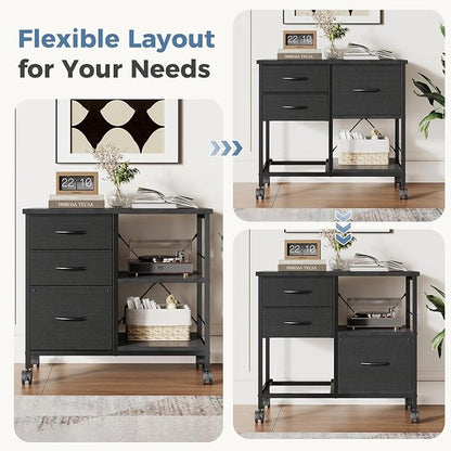 DUMOS 3-Tier Mobile File Cabinet, Printer Stand with Storage, Office Table with Drawers and Back Support Bar, Holds 110lbs for Home Office, Rustic Black