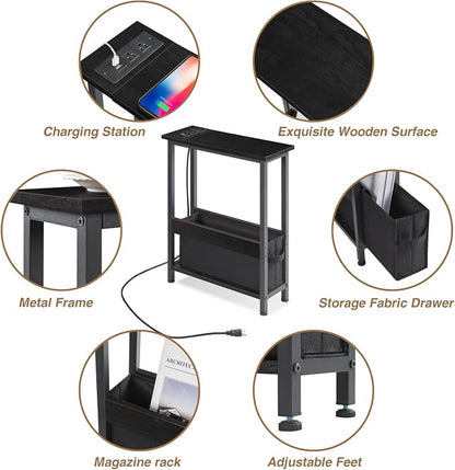 BAMGROW Slim Charging End Table with Storage - for Small Spaces and Bedroom (Black)