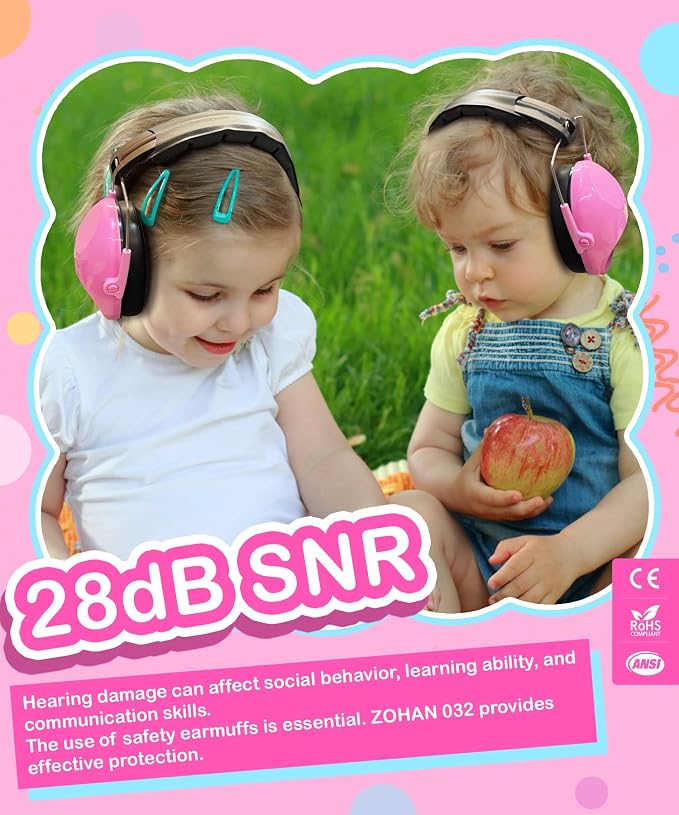 ZOHAN 032 Kids Noise Cancelling Headphones - 25dB NRR Kids Ear Protection, Hearing Protection Safety Ear Muffs for School Monster Truck Fireworks Traveling Studying Concerts Autism - Hot Pink