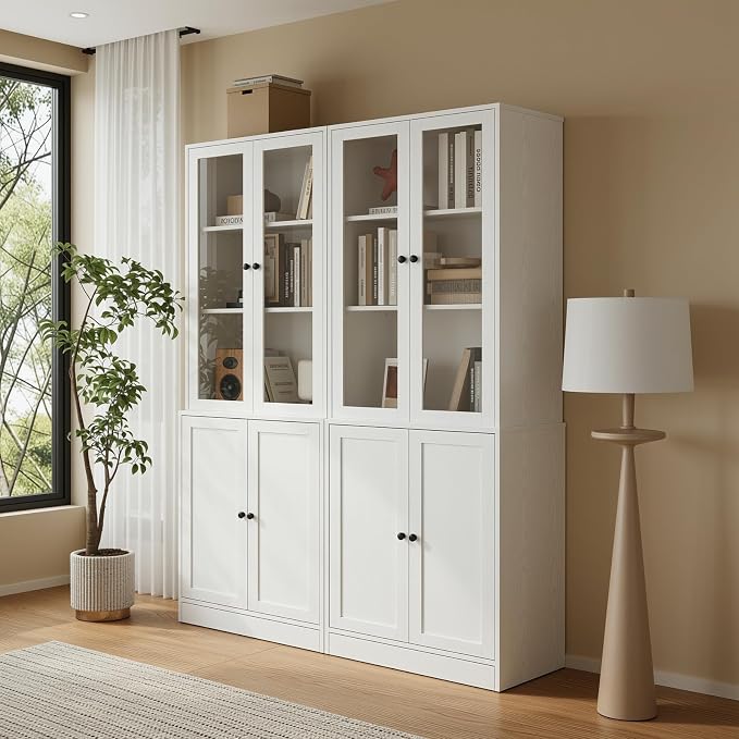 TUSY 71'' Bookshelf with Doors - 5 Tier Freestanding Tall Bookcase, Modern Storage Cabinet for Home Office, Curio Cabinets with Glass Door for Living Room, Bedroom (2, White)