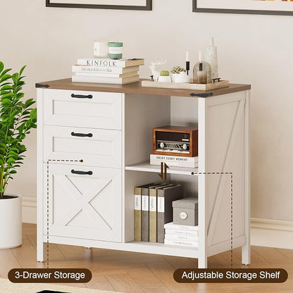 Halitaa 3 Drawer File Cabinet, Farmhouse Lateral Filing Cabinet Fits Files Letter or A4 Size, Wooden Printer Stand with Open Storage Adjustable Shelf for Home Office, White and Brown