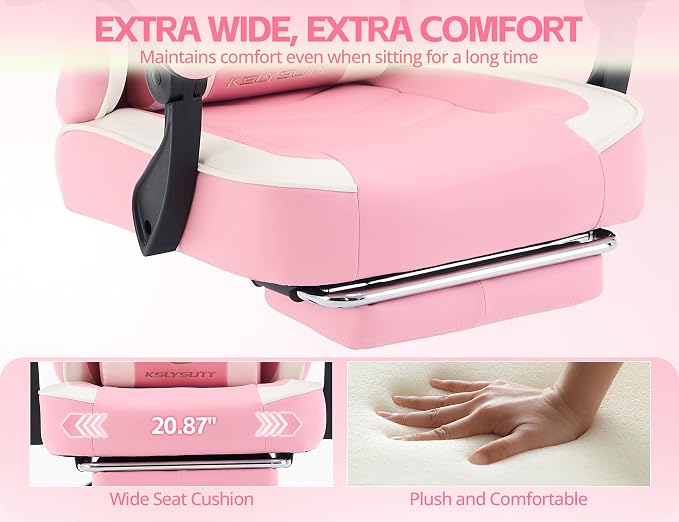 Office Desk Computer Gaming Chair for Adults, Ergonomic High Back Gamer Chair with Massage and Pocket Spring Cushion, Swivel Comfy Video Game Chairs with Footrest and Lumbar Support (Pink White)
