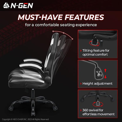 N-GEN Video Gaming Chair Ergonomic Computer Desk Office Chair with Lumbar Support Adjustable Height Swivel Wheels Flip-Up Arms PU Leather Home and Office (White)