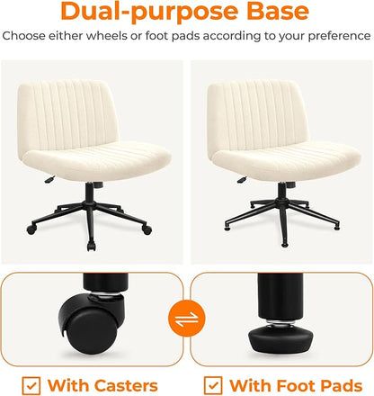 NEO CHAIR Criss Cross Chair with Wheels Armless Cross Legged Office Desk Wide Comfy Vanity Makeup Chair Adjustable Swivel Rolling Computer for Home Office Fabric (Beige)