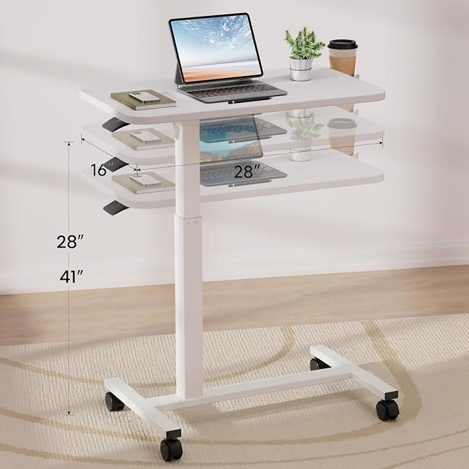 GTPLAYER Small Standing Desk with Wheels, Pneumatic Mobile Rolling Laptop Desk, Adjustable Height Overbed Bedside Table Computer Workstation for Home Office (28" W x 16" D, White)