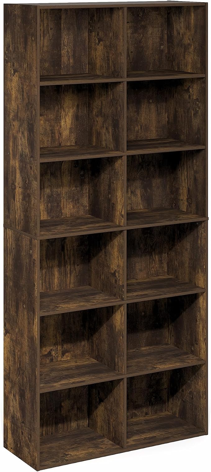 Furinno Basic Book Shelf, 12-Cube Bookshelf, Bookcase with Open Shelf, Cube Storage Organizer, 12 x 32 x 71, for Living Room, Home Office, Amber Pine