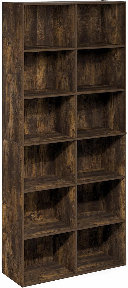 Furinno Basic Book Shelf, 12-Cube Bookshelf, Bookcase with Open Shelf, Cube Storage Organizer, 12 x 32 x 71, for Living Room, Home Office, Amber Pine