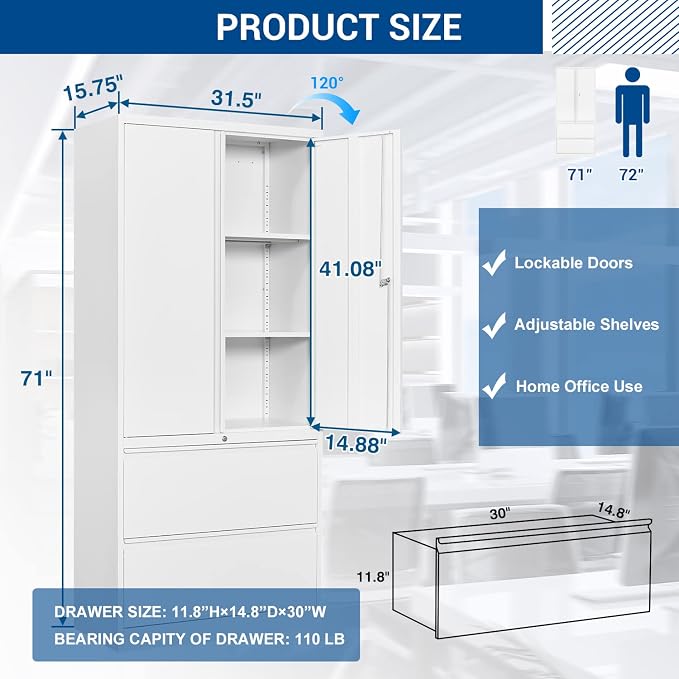 Fesbos Metal Steel Cabinets with 2 Lockable Lateral File Cabinets and Doors, Steel Metal Filing Lockers for Home Office Hanging Files Letter/Legal/F4/A4 Size