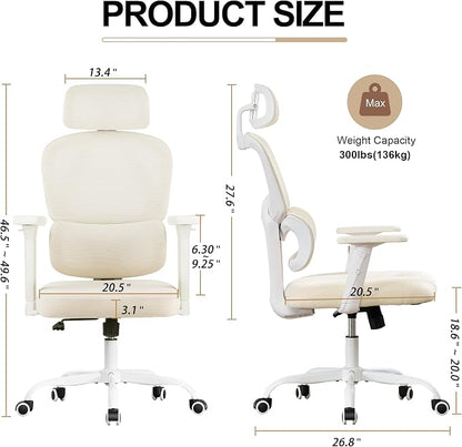 Ergonomic Office Chair,Home Mesh Office Desk Chairs,High Back Office Chair 330 LBS,Swivel Computer Chair with 2D Armrest,Adjustable Headrest,Lumbar Support,Rocking Function (Beige)