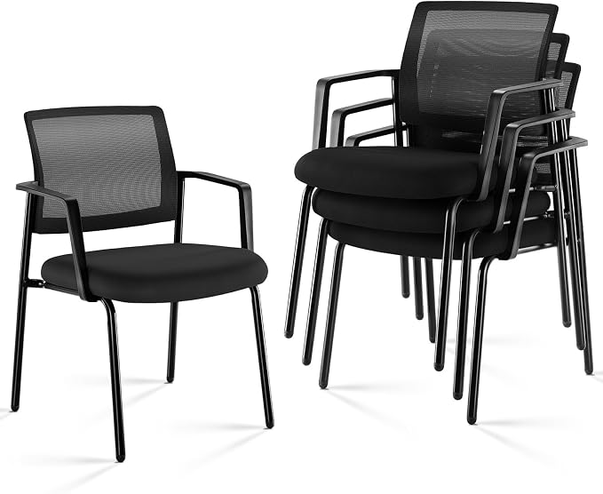 Sweetcrispy Mesh Back Stacking Arm Chairs, Upholstered Fabric Stacking Chairs, Sturdy Metal Office Chairs, Easy to Use and Store, Outdoor and Indoor, for Home, School, Party, Church, 4 Pack Black