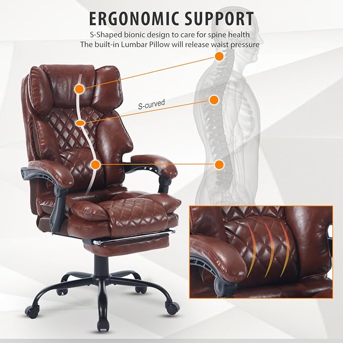 Reclining Ergonomic Executive Office Chair With Footrest, 400lbs Big Tall Recliner Desk Chairs with Lumbar Support, Heavy Duty High Back Vintage Leather Home Computer Chair with Wheels, Brown