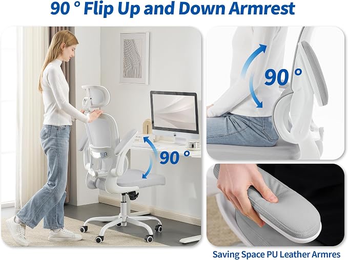TRALT Ergonomic Office Chair - Desk Chair with Adjustable Headrest Lumbar Support Computer Chair - Mesh Comfy Chair with Flip-up Armrests - Gaming Chairs for Adults Home Office (Leather, Grey)