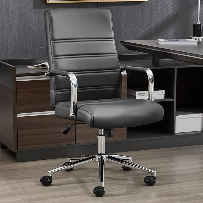Office Desk Chair Leather, Conference Room Chairs with Wheels, Modern Executive Office Chairs Adjustable Height, Ergonomic Swivel Rolling Ribbed Computer Chair(Black)