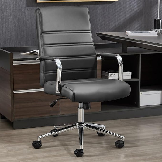 Office Desk Chair Leather, Conference Room Chairs with Wheels, Modern Executive Office Chairs Adjustable Height, Ergonomic Swivel Rolling Ribbed Computer Chair(Black)