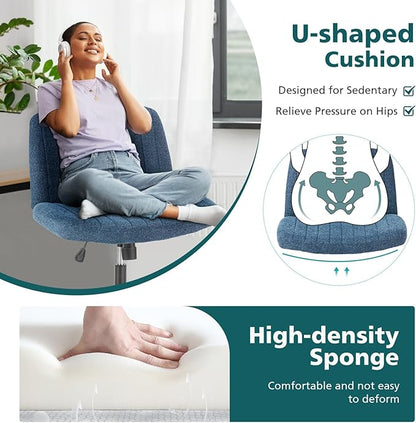 OLIXIS Criss Cross Chair with Wheels Wide Cross Legged Office Desk Vanity Chair Comfy Fabric Armless Height Adjustable Swivel for Home Computer Task Blue