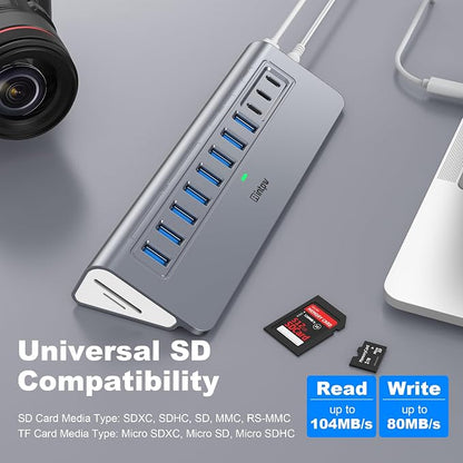 Powered USB Hub 10Gbps, Intpw YH9AC Plus 13 Port USB 3.2 Hub(USB A/USB C 3.2+6 USB-A 3.0+2 PD 45W Fast Charging Port+SD/TF Card Reader), 65W Power Adapter,Aluminum USB HUB for PC,Laptop,iPhone 17/16