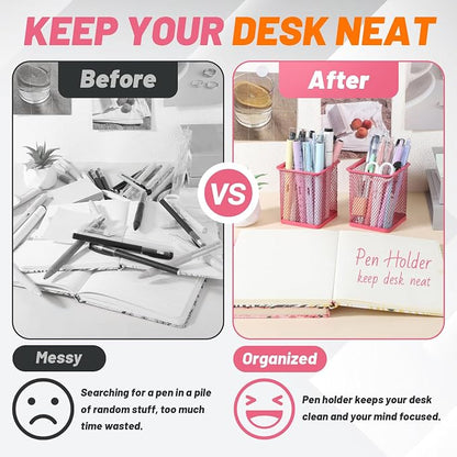 Segarty Pen Cup Holder, 3 Pack Square Dark Pink Pen Holder for Desk, Cute Mesh Pencil Cups Container Set for Office Supply, School Classroom, Home Desktop Storgae and Organization, Brushes Organizer