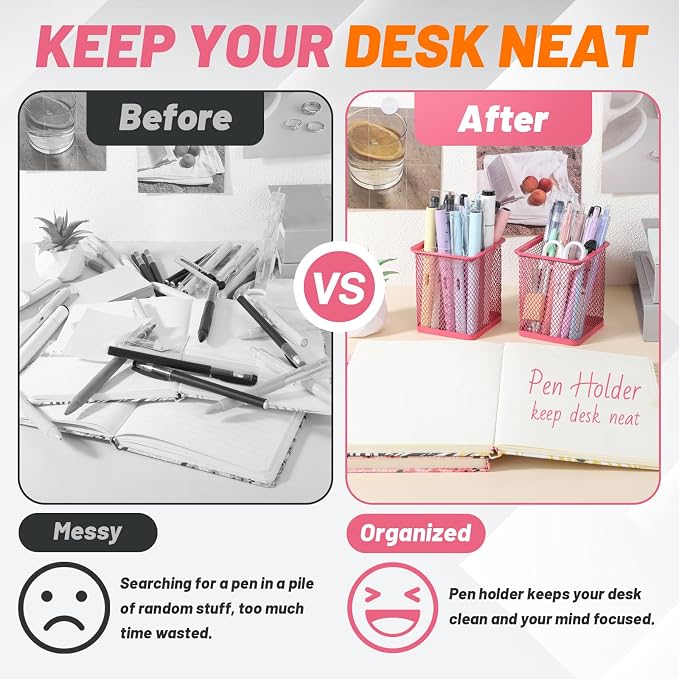 Segarty Pen Cup, 12 Pack Square Dark Pink Pen Holder for Desk, Multifuntional Mesh Pencil Cups Holder for Marker, Office Supplies, School Students, Home, Desktop Accessories Storage Organizer