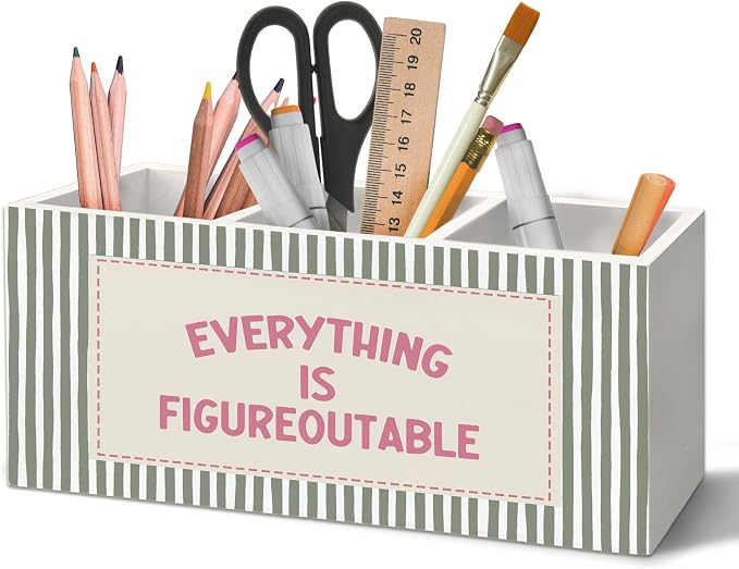 Inspirational Pen Holder Organizer for Desk Accessories, Inspirational Gifts for Women, Pink and Green Motivational Striped Wooden Box Sign Desk Decorations for Home Office Decor