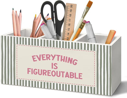 Inspirational Pen Holder Organizer for Desk Accessories, Inspirational Gifts for Women, Pink and Green Motivational Striped Wooden Box Sign Desk Decorations for Home Office Decor