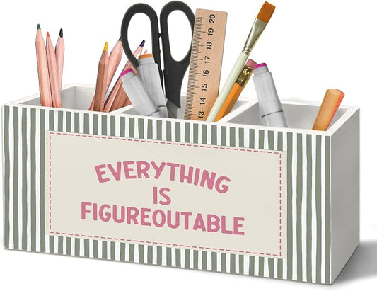 Inspirational Pen Holder Organizer for Desk Accessories, Inspirational Gifts for Women, Pink and Green Motivational Striped Wooden Box Sign Desk Decorations for Home Office Decor