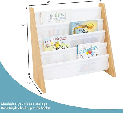 Humble Crew Kids Bookshelf, 4-Tier Front-Facing Book Display Organizer, Montessori Toddler Bookcase for Playroom, Bedroom & Reading Corner, Natural Wood/White