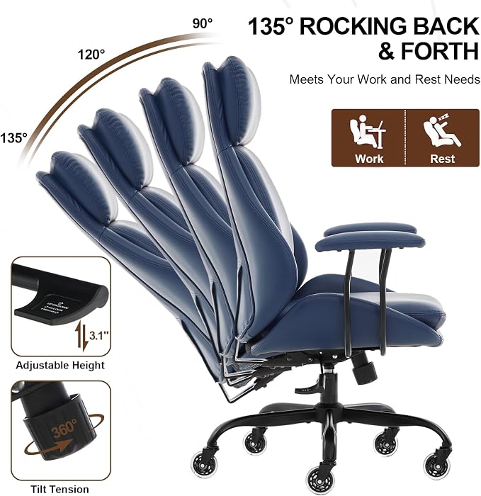 E-Motie Office Chair, Leather Desk Chair with Rubber Wheels, Ergonomic Computer Chair 500 LBS with Lumbar Support, High Back Executive Chair for Modern Home Office, Blue