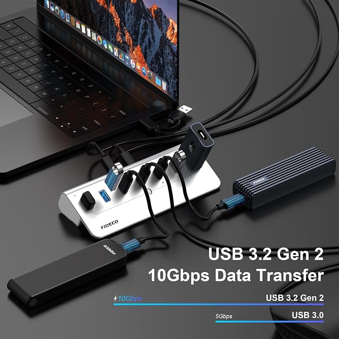 FIDECO Powered USB Hub, 7 Port 10Gbps Fast Data Hub for iPhone 16/15 and Laptop, Full Aluminum USB Splitter with 5V 3A Power Adapter, 4 USB A and 3 USB C Ports, Support BC1.2 Charging (Silver)