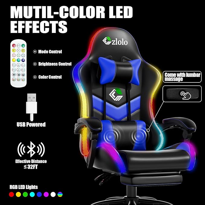 Czlolo Gaming Chair, 2026 Upgraded RGB LED Lights Computer Chair with Footrest, Lumbar Support Massager Gamer Chair, High Back, 90-135° Reclining, Linkage Armrests, Blue