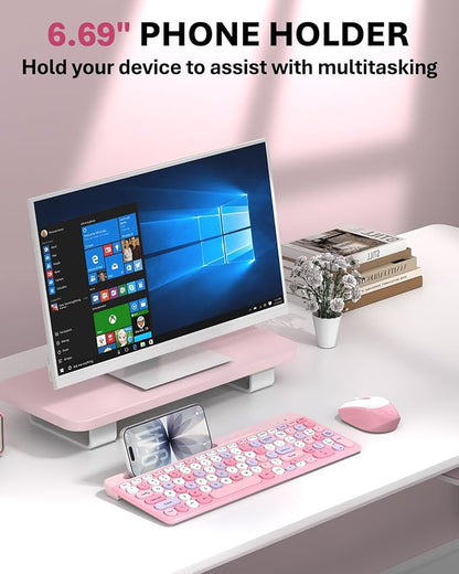 Colorful Wireless Keyboard and Mouse Combo - Round Keycaps, 2.4GHz Retro Typewriter Keyboard with Number Pad, Cute Compact USB Keyboard and Mouse for Computer PC Desktop Laptop (Pink)