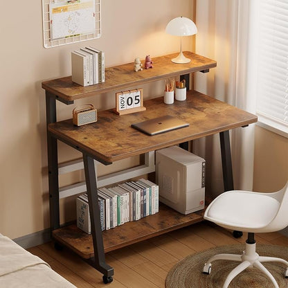 Rolling Computer Desk, 39.4 Inch Small Desks For Small Space, Portable Small Computer Desk with Monitor Stand & 3-Tier Storage, Portable Desk on Wheels for Writing, Home Office, Small Desk for Bedroom