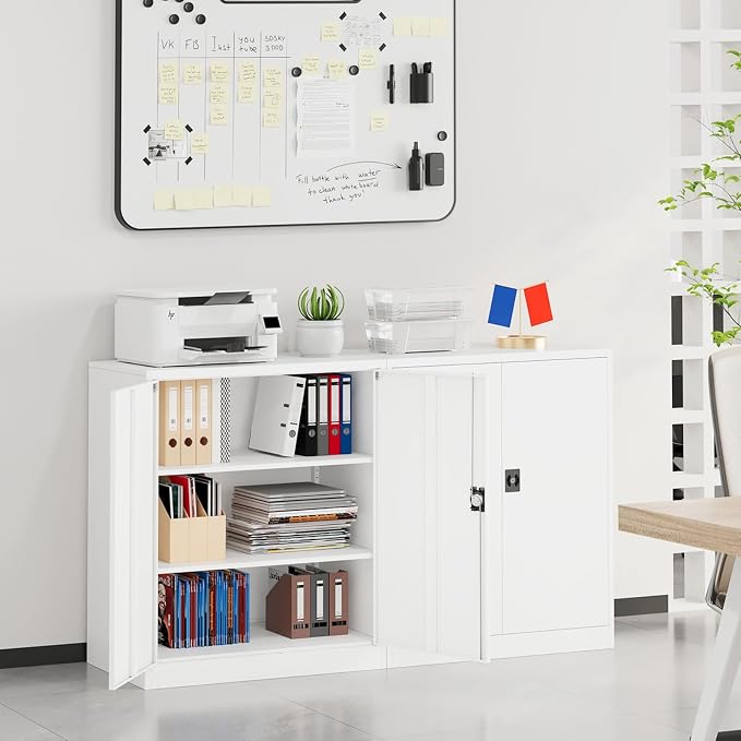 SISESOL Small Metal Cabinet with Shelves,36 inch Garage Storage Cabinet with Lock,White Metal Storage Cabinets with Locking Doors,Lockable Office File Cabinets for Home,Office,Shop,Garage