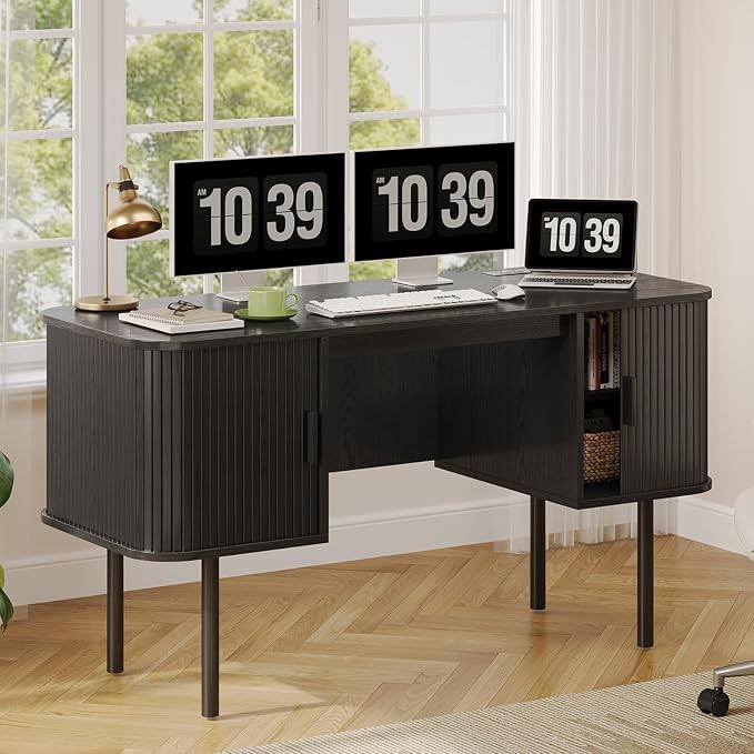 ONBRILL 55 Inch Fluted Computer Desk with Charging Station, Mid Century Executive Desk with 2 Storage Cabinets, Modern Home Office Large Desk with Metal Legs for Working, Studying, Writing, Black