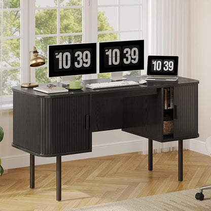 ONBRILL 55 Inch Fluted Computer Desk with Charging Station, Mid Century Executive Desk with 2 Storage Cabinets, Modern Home Office Large Desk with Metal Legs for Working, Studying, Writing, Black