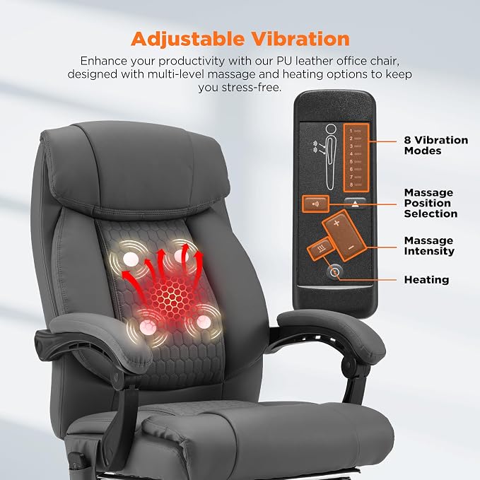 HOMREST Four-Points-Massage Executive Office Chair with Footrest,Reclining Massage Office Chair with Heated,Ergonomic Chair for Home Office Gray