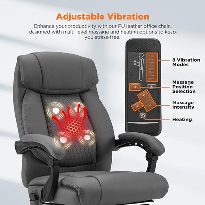HOMREST 4-Point Massage Office Chair with Heating and Footrest, Reclining Executive Leather Desk Chair, Ergonomic Heated Managerial Chair for Home Office, Grey