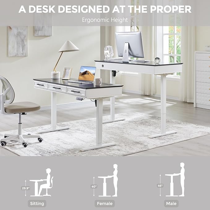 Electric Standing Desk with 3 Storage Drawers, 55x22 Inch Wood Adjustable Height Computer Desk w/One-Piece Desktop, Sit to Stand Up,Power Outlets, Gaming Table for Home Office and Study, White