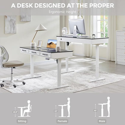 Electric Standing Desk with 3 Storage Drawers, 55x22 Inch Wood Adjustable Height Computer Desk w/One-Piece Desktop, Sit to Stand Up,Power Outlets, Gaming Table for Home Office and Study, White