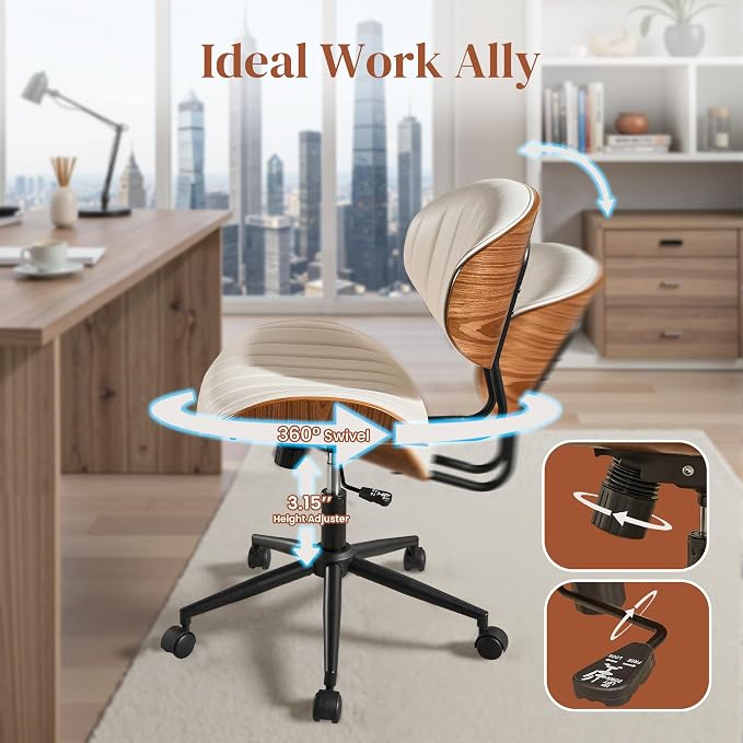 Home Office Desk Chair with Wheels, Adjustable Height Armless Desk Chairs, PU Leather Mid Back 360° Small Computer Chair for Study Meeting Makeup Room (White Stripe)