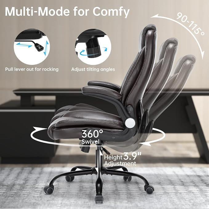 Heavy-Duty Executive Office Chair with Ergonomic Design, 300LBS PU Leather Chair with Adjustable Lumbar Support, 360° Swivel, Reclining Backrest, and Flip-Up Armrests for Big and Tall People(Brown)