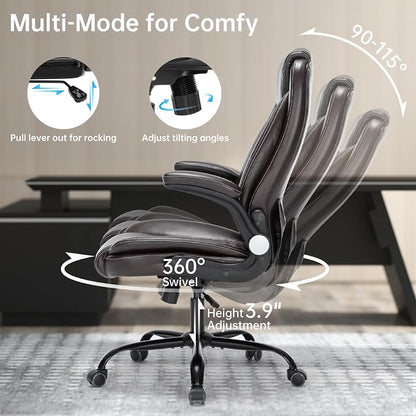Heavy-Duty Executive Office Chair with Ergonomic Design, 300LBS PU Leather Chair with Adjustable Lumbar Support, 360° Swivel, Reclining Backrest, and Flip-Up Armrests for Big and Tall People(Brown)