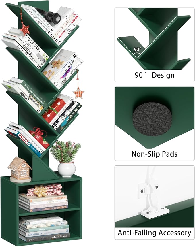 SHEEPAM 10 Tier Tree Bookshelf,Christmas Green Bookcase for Narrow Space, Storage Organizer Floor Standing Bookshelves for Books, Tall Book Case for Home Office, Living Room, Bedroom