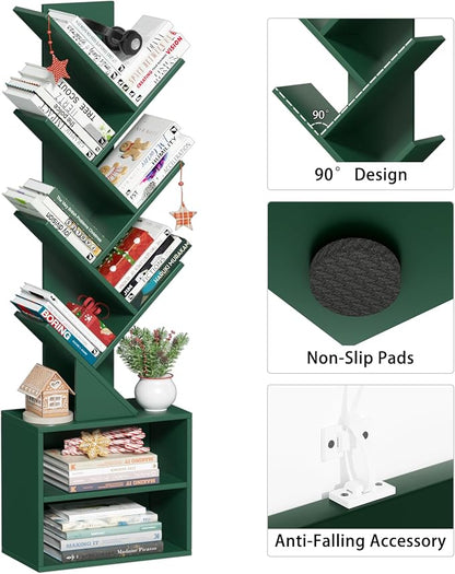 SHEEPAM 10 Tier Tree Bookshelf,Christmas Green Bookcase for Narrow Space, Storage Organizer Floor Standing Bookshelves for Books, Tall Book Case for Home Office, Living Room, Bedroom