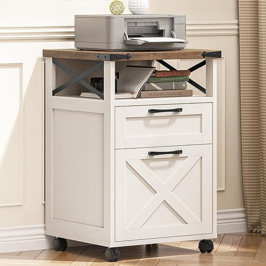 Farmhouse Filing Cabinet with Open Storage Space & Wheels, Office Filing Vertical Cabinet with 2 Drawers, Printer Stand for Hanging Files Letter/A4, Under Desk Storage Cabinets for Home Office. White