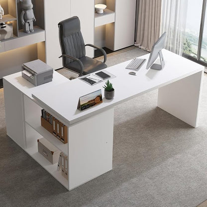 HSH White L Shaped Desk with Drawers Shelves, Corner Home Office Desk L Shape with Storage Cabinet, Large Wood Computer Desk for PC Executive Work Writing Study, Modern Living Room Bedroom Table,60 In