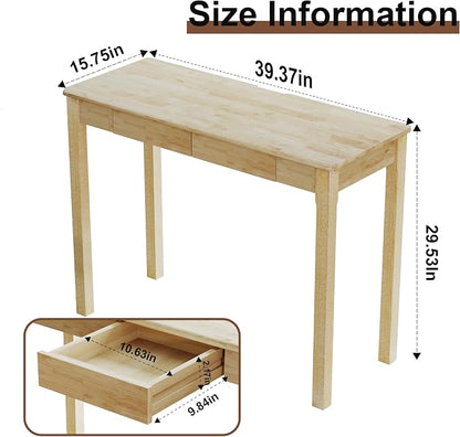 Solid Wood Desk with Drawers - 39 x 16 Inch Simple Narrow Desks, Rubber Wood Study Table, Small Writing Desk for Small Spaces|Bedroom - Natural Boho Desks