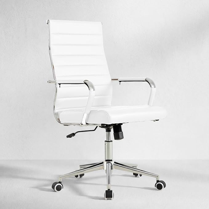 Okeysen White Office Desk Chair, Ergonomic Leather Modern Conference Room Chairs, Executive Ribbed Height Adjustable Swivel Rolling Chair for Home Office.